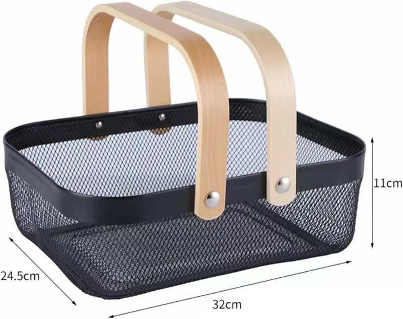 AJIODA Metal Mesh Steel Basket, Storage Organizer Basket Garden Harvest Basket Multi-functional Kitchen Fruit Baskets Bin with Wooden Handle for Bathroom Picnic Shopping Decor Cabinet Home, Black - Image 2